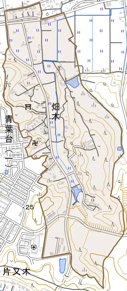 畑木とその周辺の地図。町の範囲を重ねている