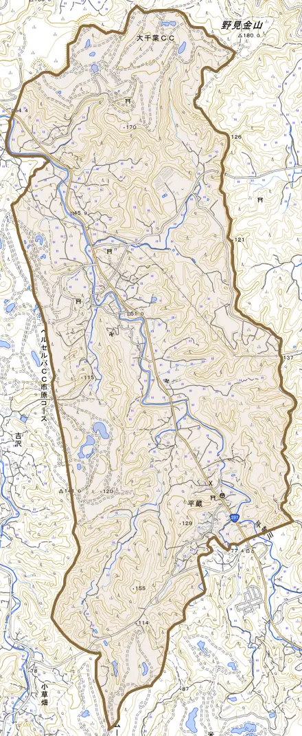 平蔵とその周辺の地図。町の範囲を重ねている