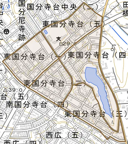東国分寺台とその周辺の地図。町の範囲を重ねている