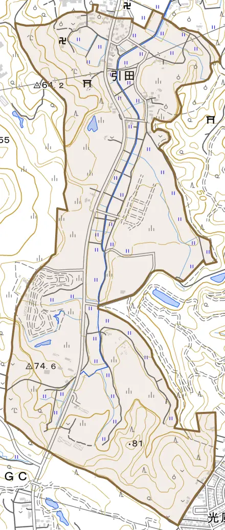 引田とその周辺の地図。町の範囲を重ねている