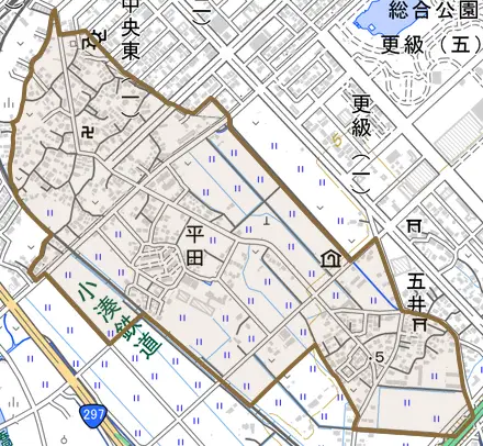 平田とその周辺の地図。町の範囲を重ねている