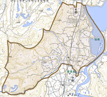本郷とその周辺の地図。町の範囲を重ねている