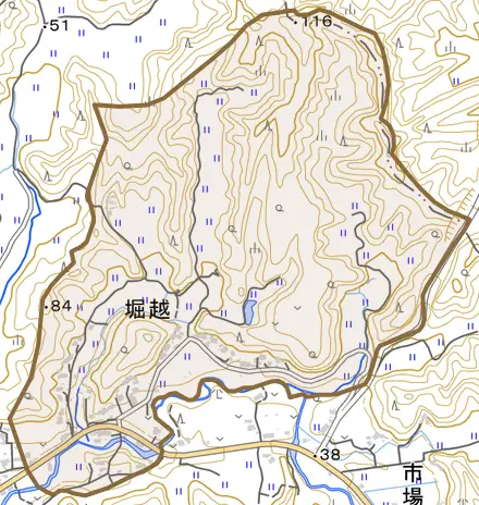堀越とその周辺の地図。町の範囲を重ねている