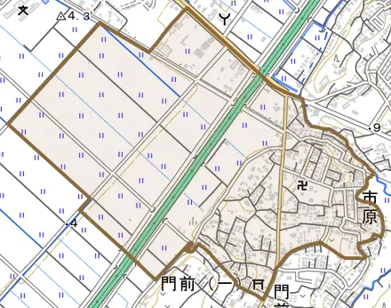 市原とその周辺の地図。町の範囲を重ねている