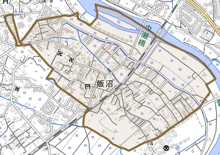 飯沼とその周辺の地図。町の範囲を重ねている