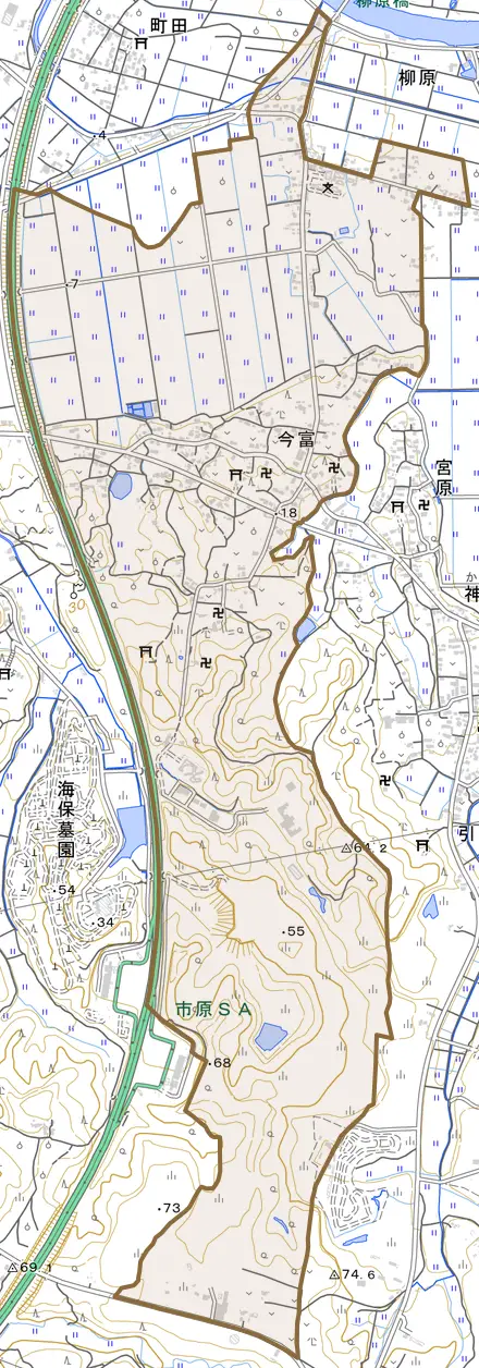 今富とその周辺の地図。町の範囲を重ねている