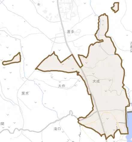犬成とその周辺の地図。町の範囲を重ねている