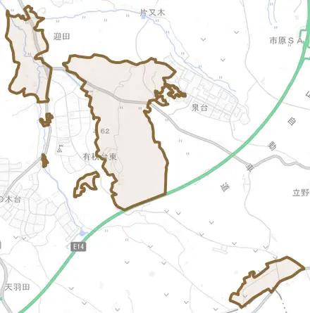 不入斗とその周辺の地図。町の範囲を重ねている