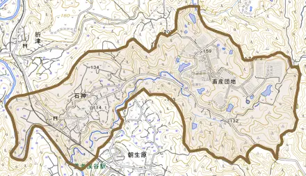 石神とその周辺の地図。町の範囲を重ねている