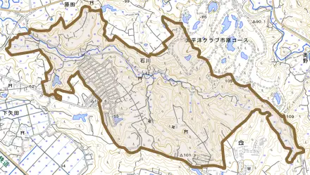 石川とその周辺の地図。町の範囲を重ねている
