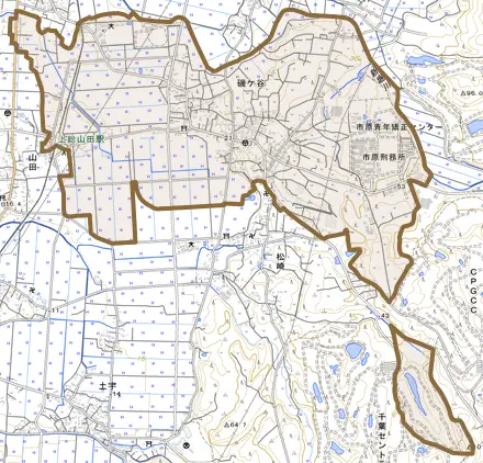 磯ケ谷とその周辺の地図。町の範囲を重ねている