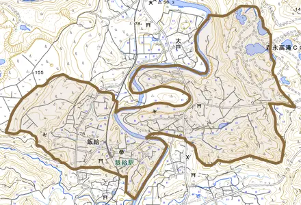 飯給とその周辺の地図。町の範囲を重ねている