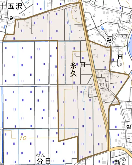 糸久とその周辺の地図。町の範囲を重ねている