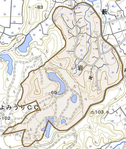 岩とその周辺の地図。町の範囲を重ねている