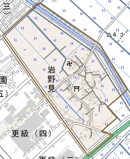 岩野見とその周辺の地図。町の範囲を重ねている