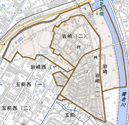 岩崎とその周辺の地図。町の範囲を重ねている