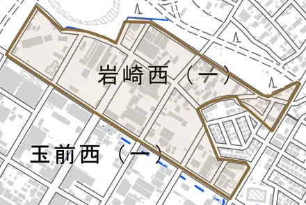 岩崎西とその周辺の地図。町の範囲を重ねている