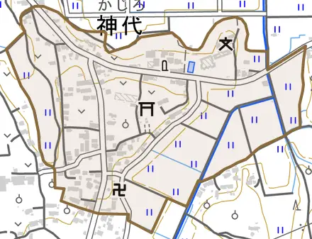 神代とその周辺の地図。町の範囲を重ねている