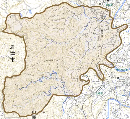 柿木台とその周辺の地図。町の範囲を重ねている