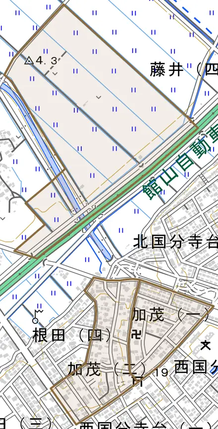 加茂とその周辺の地図。町の範囲を重ねている