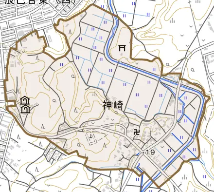神崎とその周辺の地図。町の範囲を重ねている