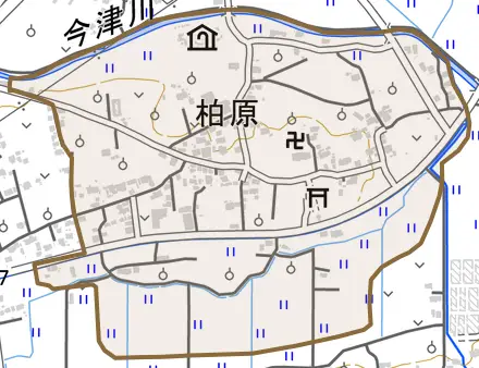 柏原とその周辺の地図。町の範囲を重ねている