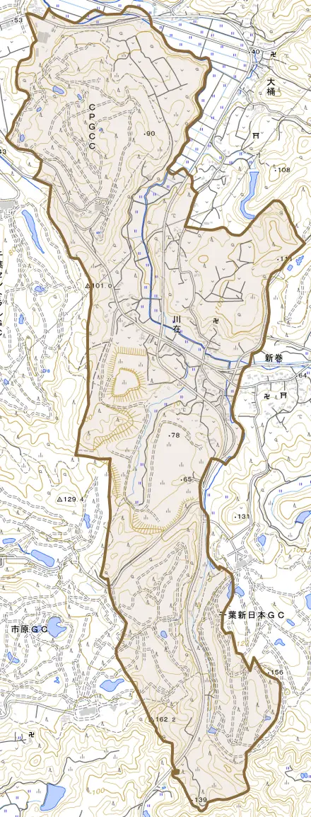 川在とその周辺の地図。町の範囲を重ねている