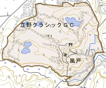 風戸とその周辺の地図。町の範囲を重ねている