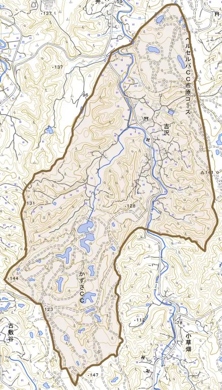 吉沢とその周辺の地図。町の範囲を重ねている
