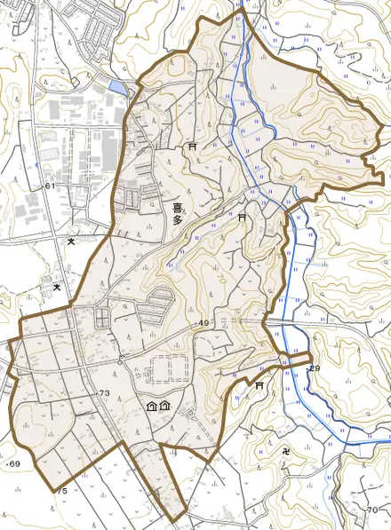 喜多とその周辺の地図。町の範囲を重ねている