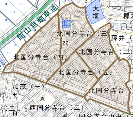 北国分寺台とその周辺の地図。町の範囲を重ねている