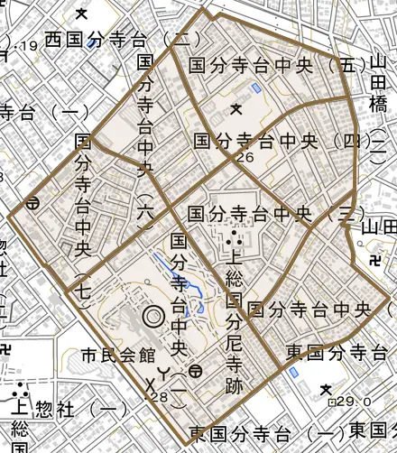 国分寺台中央とその周辺の地図。町の範囲を重ねている