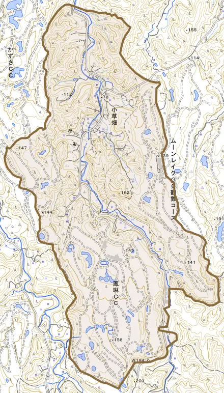 小草畑とその周辺の地図。町の範囲を重ねている