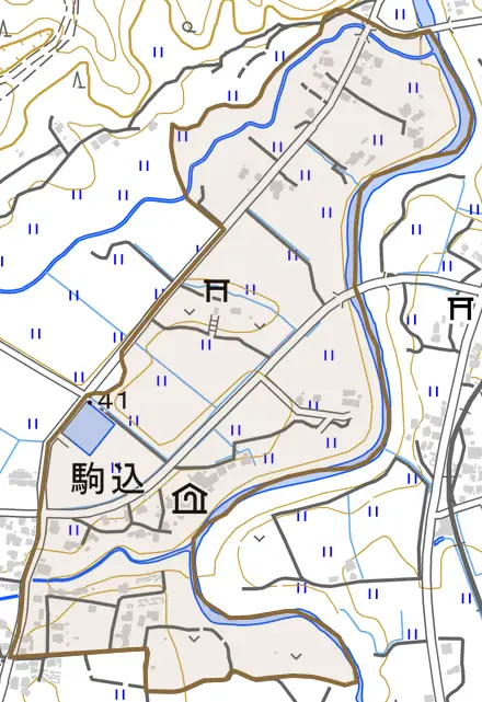 駒込とその周辺の地図。町の範囲を重ねている