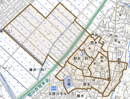 郡本とその周辺の地図。町の範囲を重ねている