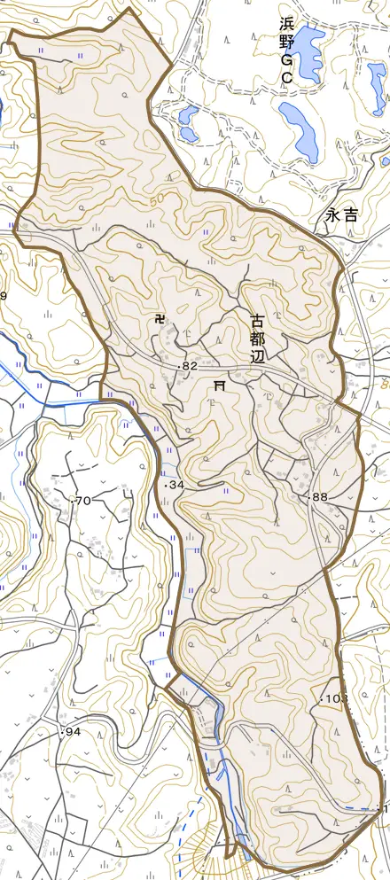 古都辺とその周辺の地図。町の範囲を重ねている