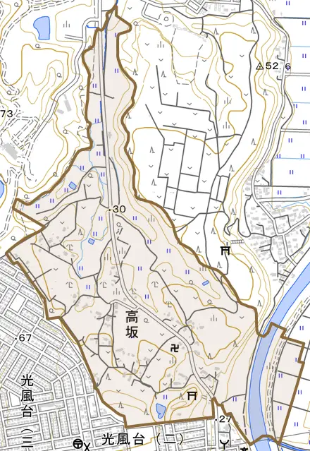 高坂とその周辺の地図。町の範囲を重ねている