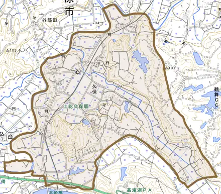 久保とその周辺の地図。町の範囲を重ねている