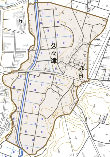 久々津とその周辺の地図。町の範囲を重ねている