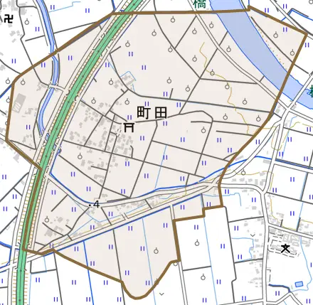 町田とその周辺の地図。町の範囲を重ねている