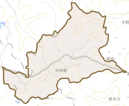 万田野とその周辺の地図。町の範囲を重ねている
