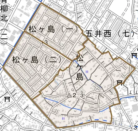 松ケ島とその周辺の地図。町の範囲を重ねている