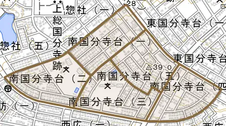 南国分寺台とその周辺の地図。町の範囲を重ねている