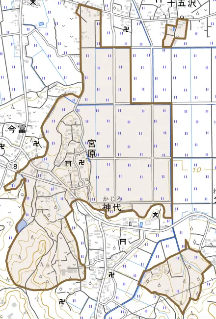 宮原とその周辺の地図。町の範囲を重ねている