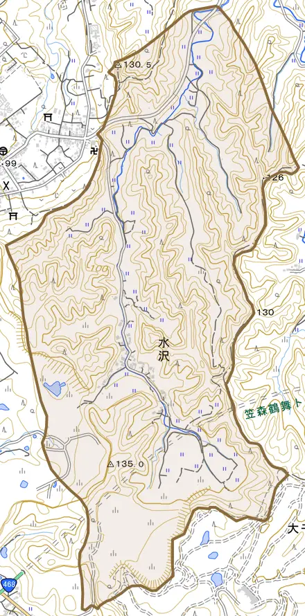 水沢とその周辺の地図。町の範囲を重ねている