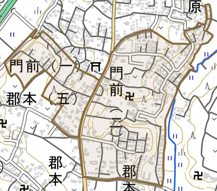 門前とその周辺の地図。町の範囲を重ねている
