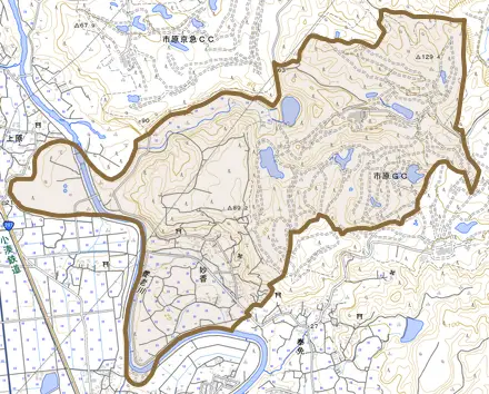 妙香とその周辺の地図。町の範囲を重ねている