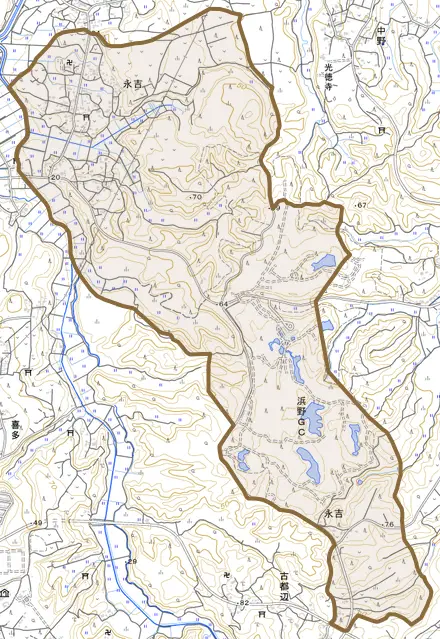 永吉とその周辺の地図。町の範囲を重ねている