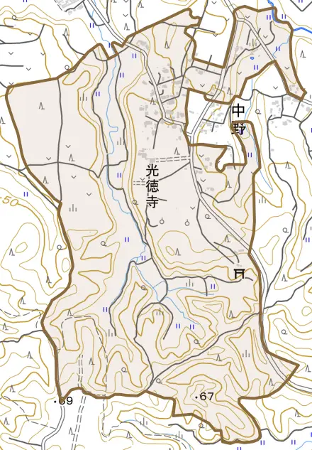 中野とその周辺の地図。町の範囲を重ねている