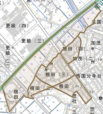 根田とその周辺の地図。町の範囲を重ねている